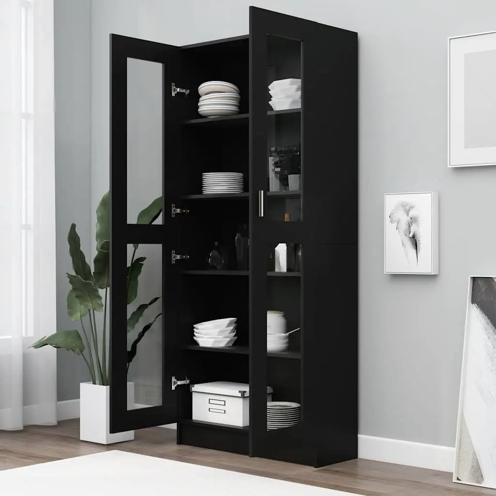 Black Display Cabinet Engineered Wood 82.5cm Width 30.5cm Depth 185cm Height 5 Storage Compartments