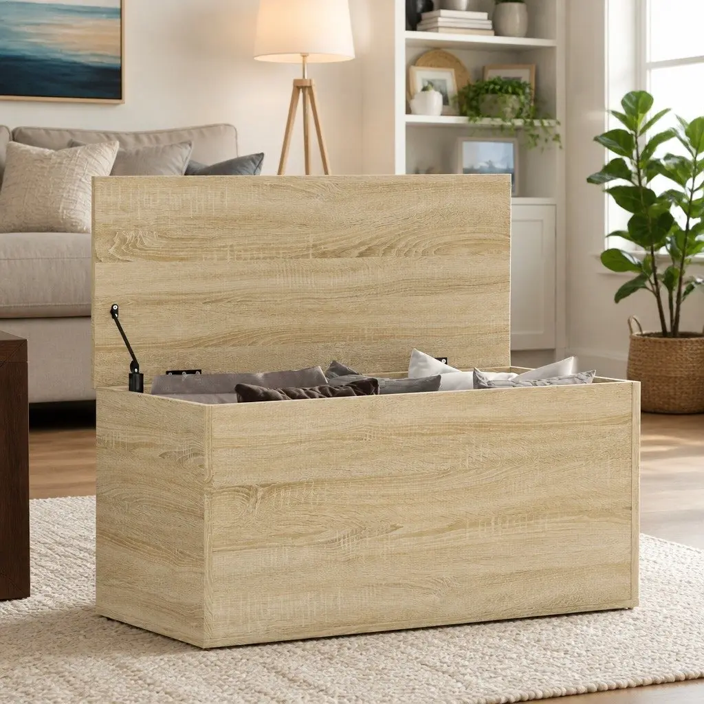 Storage Chest Brown Wooden Organizer 84x42x46cm Spacious Interior Stable Top Surface