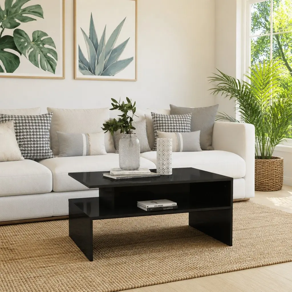 Coffee Table Grey High Gloss Storage Shelf Engineered Wood 90x60x42.5cm