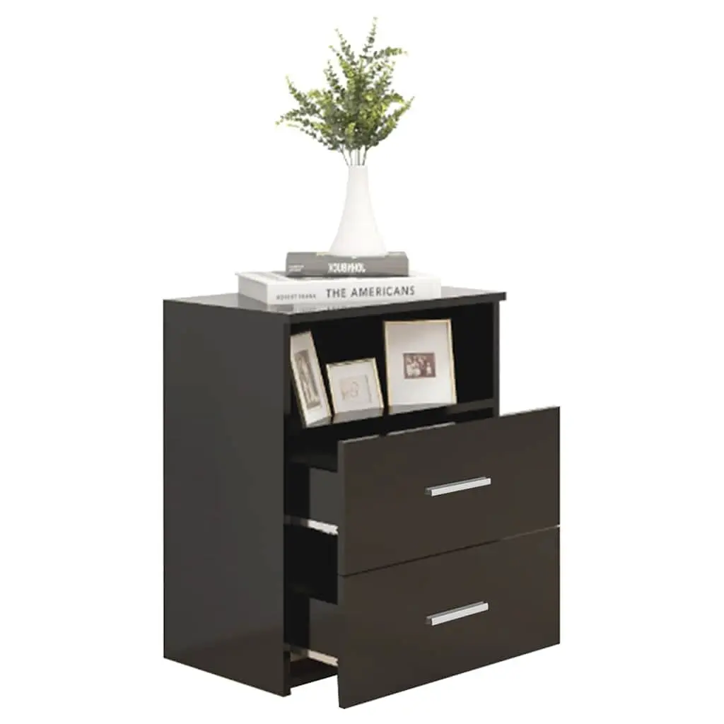 Bedside Table Black Storage Cabinet with Drawers and Shelf