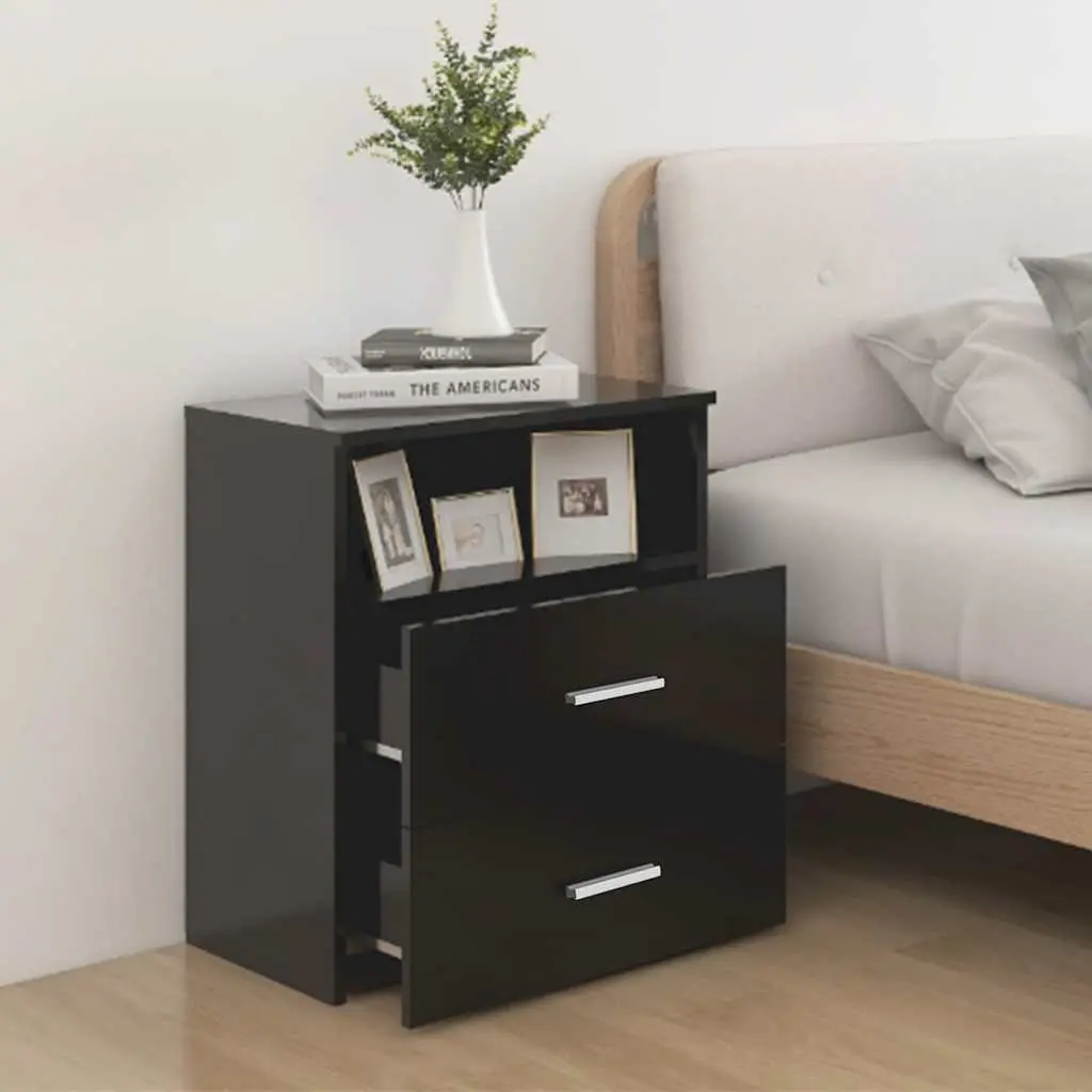 Bedside Table Black Storage Cabinet with Drawers and Shelf