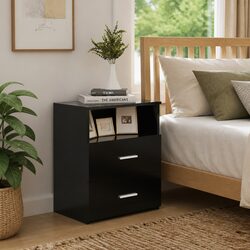 Bedside Table Black Nightstand Cabinet Drawers Shelf Storage Organiser 50x32x60