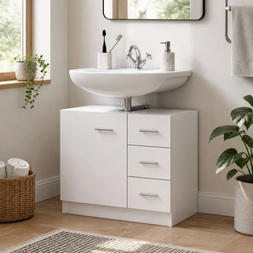 Bathroom Sink Cabinet White Engineered Wood Vanity Unit with Drawers