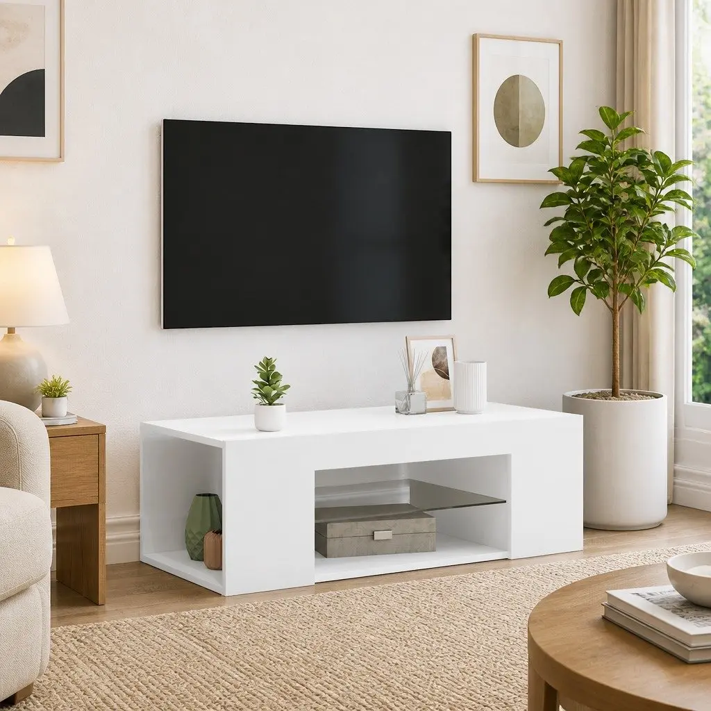 TV Cabinet White Modern Media Storage Unit with RGB LED Lights