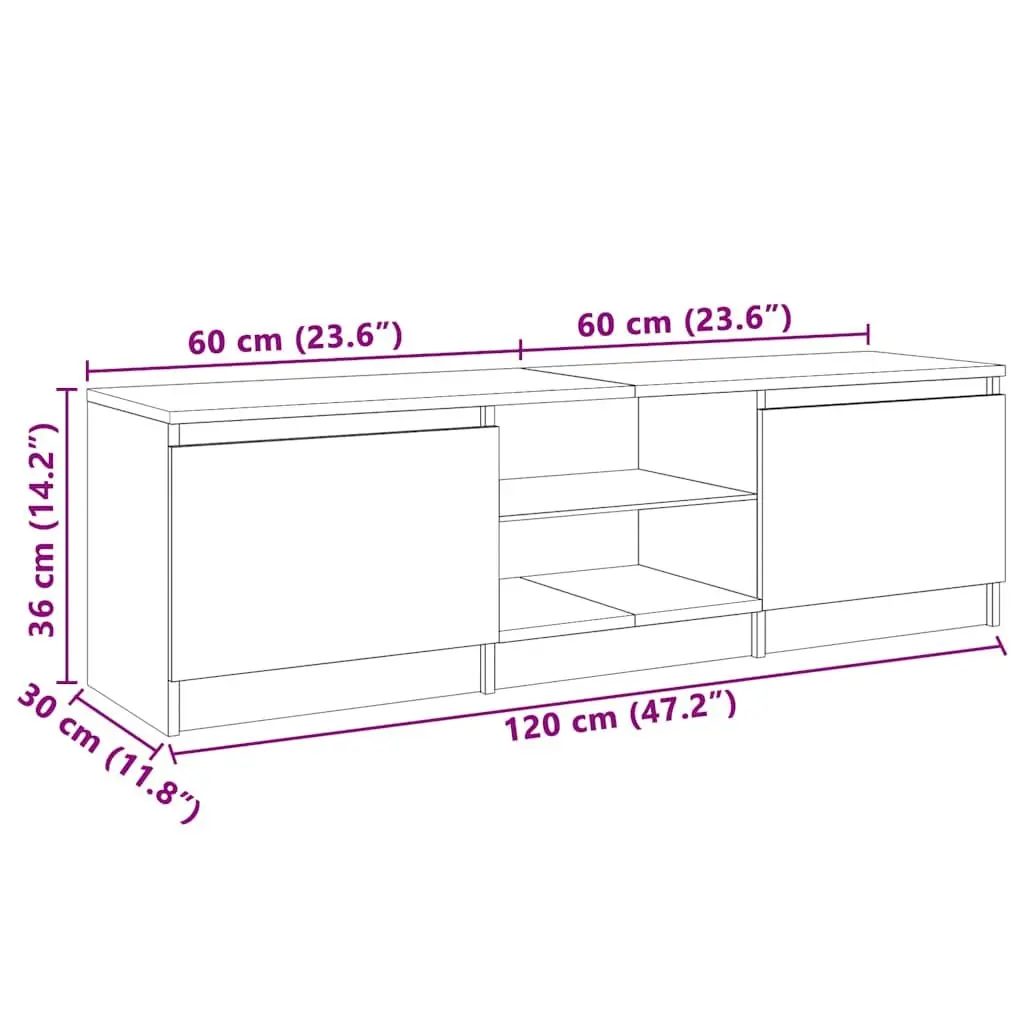 TV Cabinet White 120x30x36cm Modern LED Media Unit with Two Shelves for Living Room Bedroom Storage