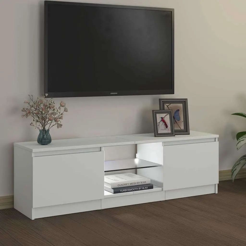 TV Cabinet White 120x30x36cm Modern LED Media Unit with Two Shelves for Living Room Bedroom Storage
