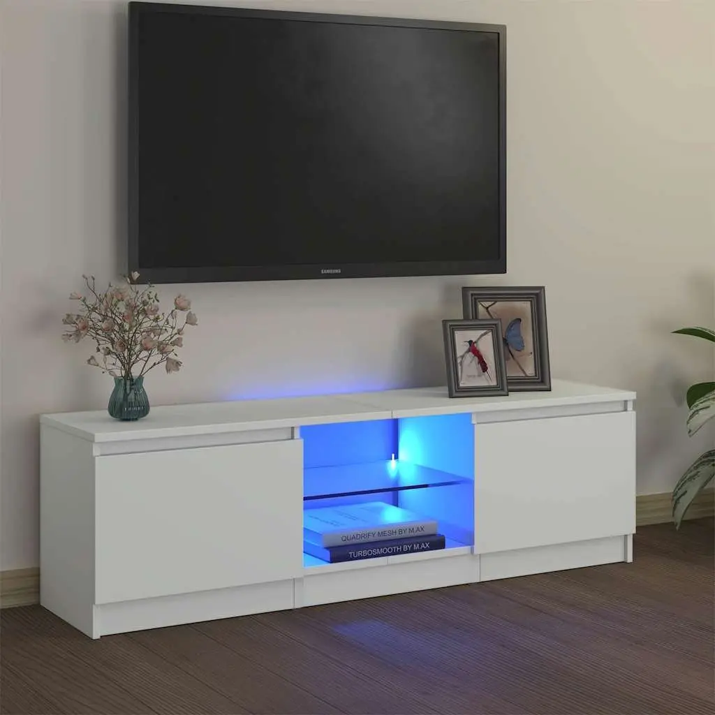 TV Cabinet White 120x30x36cm Modern LED Media Unit with Two Shelves for Living Room Bedroom Storage