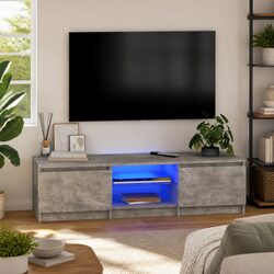 TV Cabinet Grey Storage Unit with LED Lights Shelves Compartments Living Room