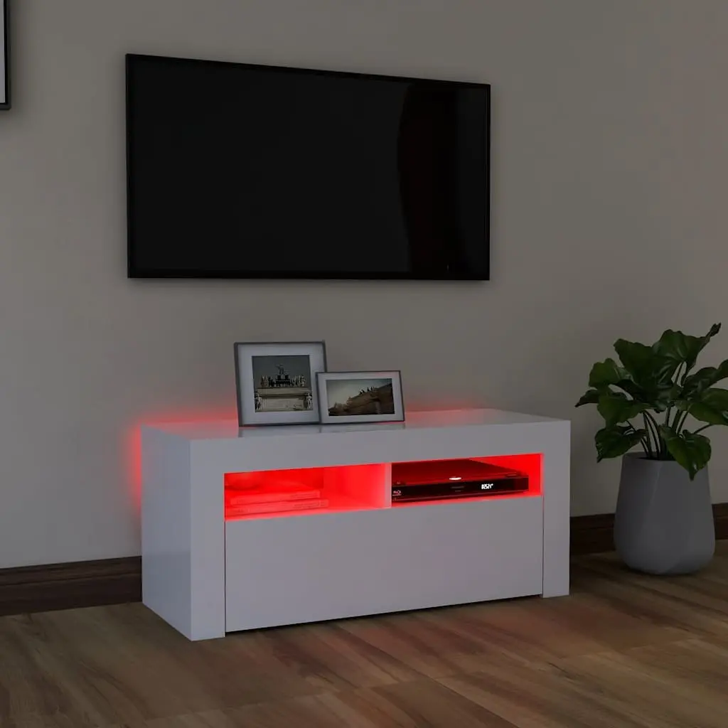 TV Cabinet White LED Lights Storage Unit Modern Media Console Entertainment