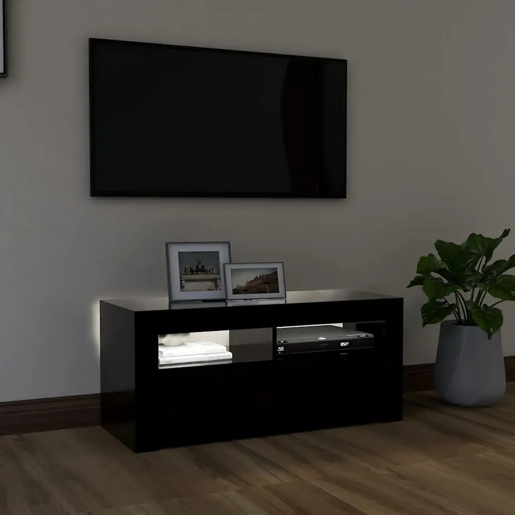 TV Cabinet Black 90x35x40cm Modern with RGB LED Lights Storage Display Shelf