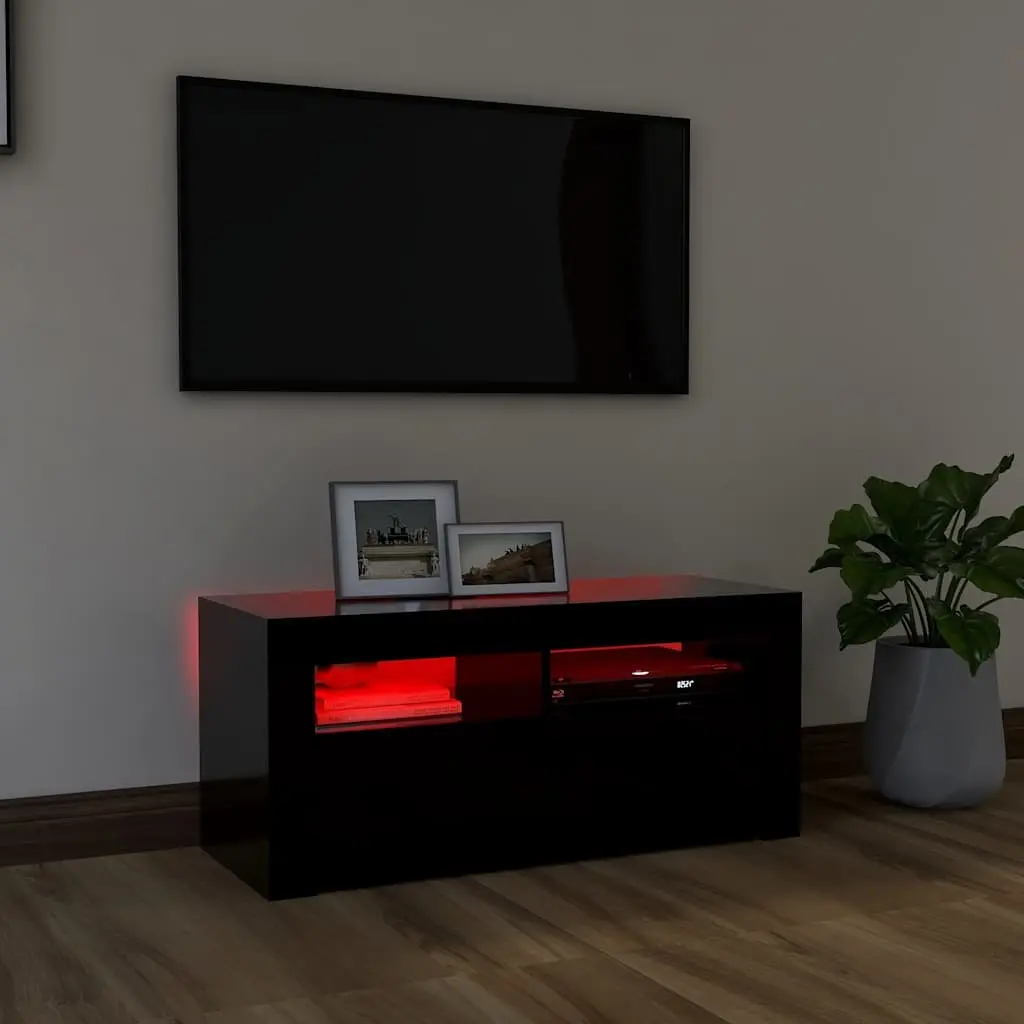 TV Cabinet Black 90x35x40cm Modern with RGB LED Lights Storage Display Shelf