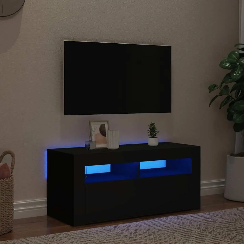 TV Cabinet Black 90x35x40cm Modern with RGB LED Lights Storage Display Shelf