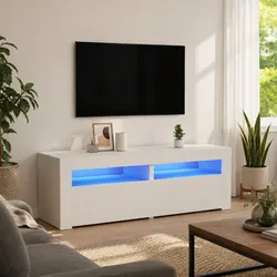 White LED TV Cabinet with Storage - Modern Design