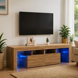 TV Cabinet with RGB LED Lights Brown Engineered Wood Media Stand Storage Unit