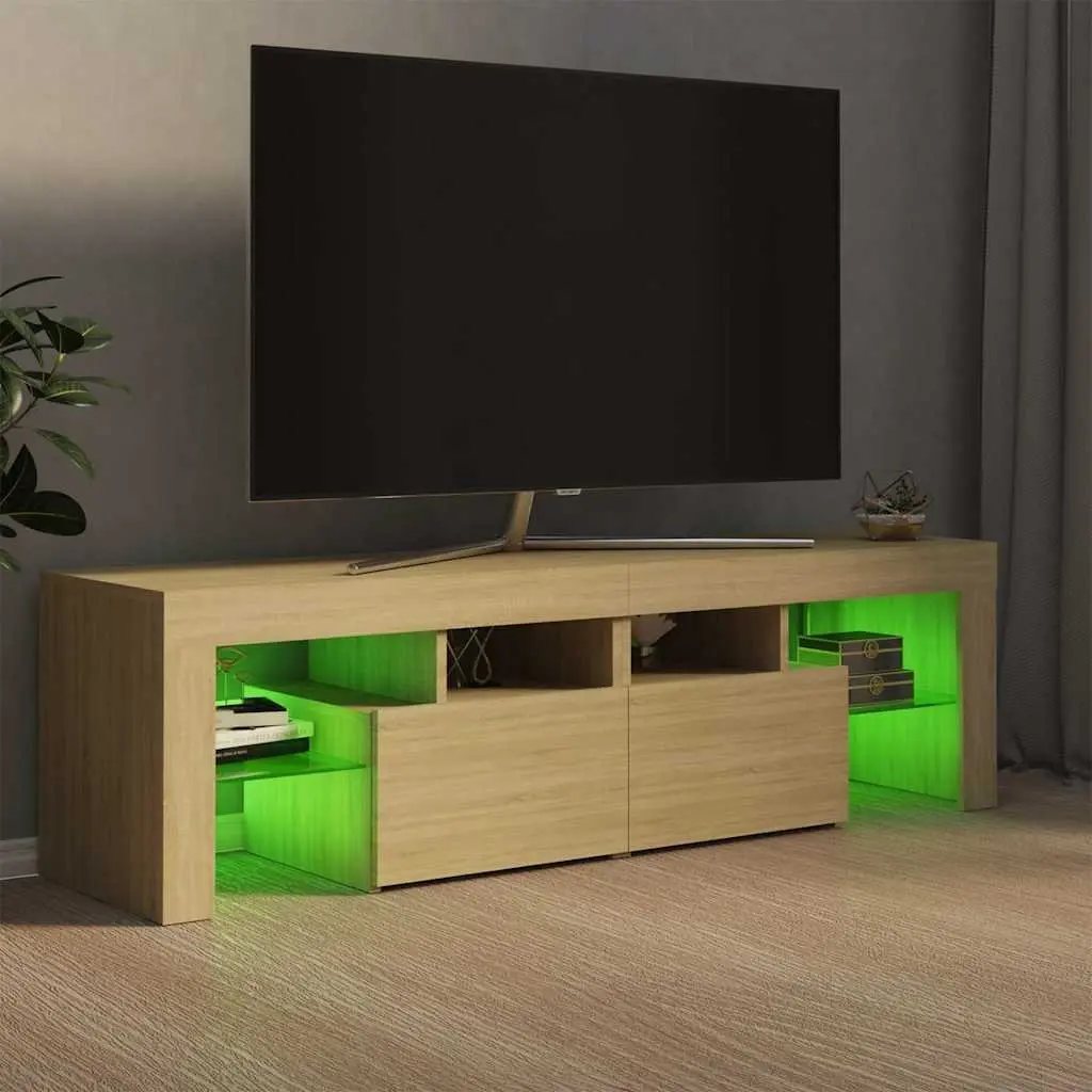 TV Cabinet Brown Engineered Wood RGB LED Lights Storage Unit