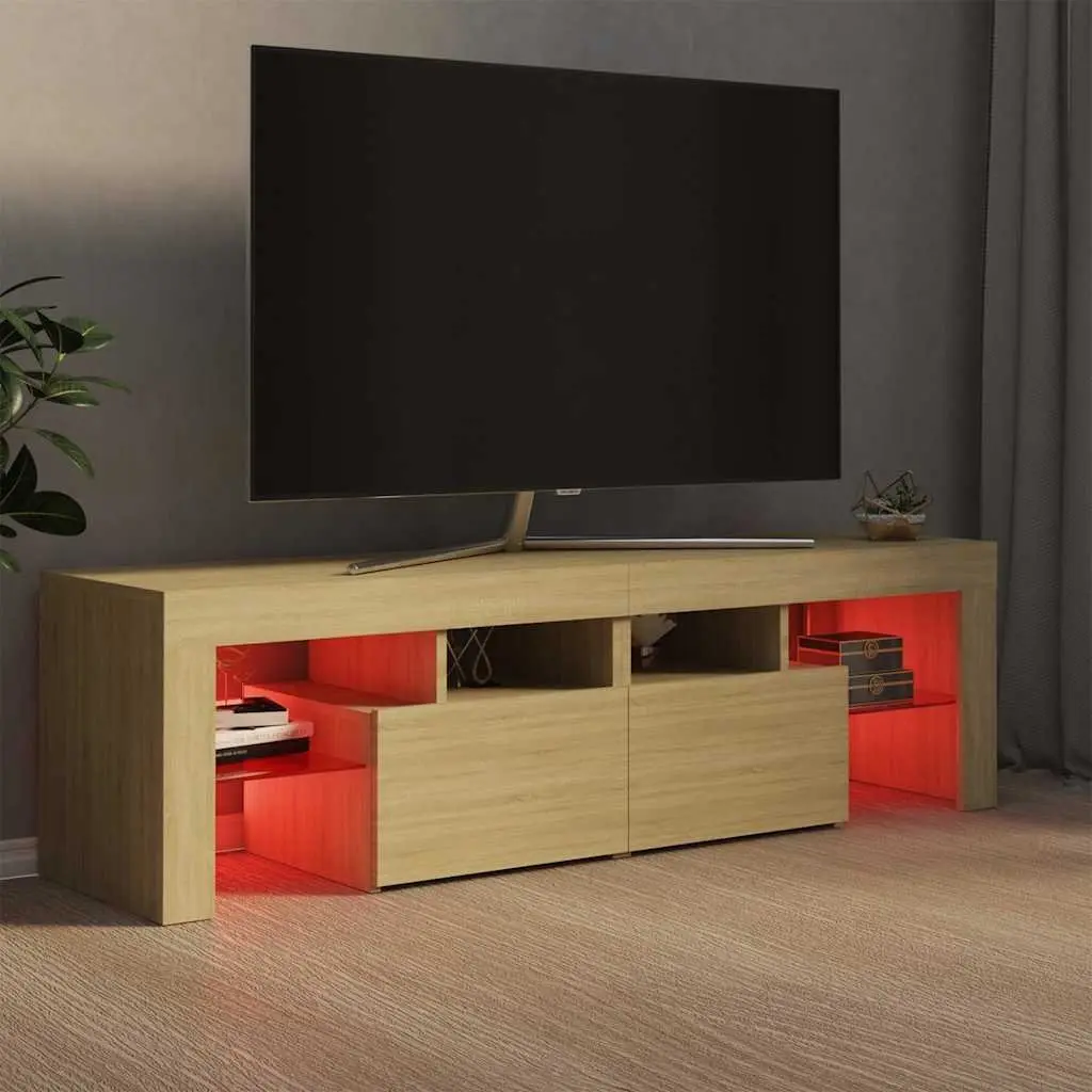 TV Cabinet Brown Engineered Wood RGB LED Lights Storage Unit