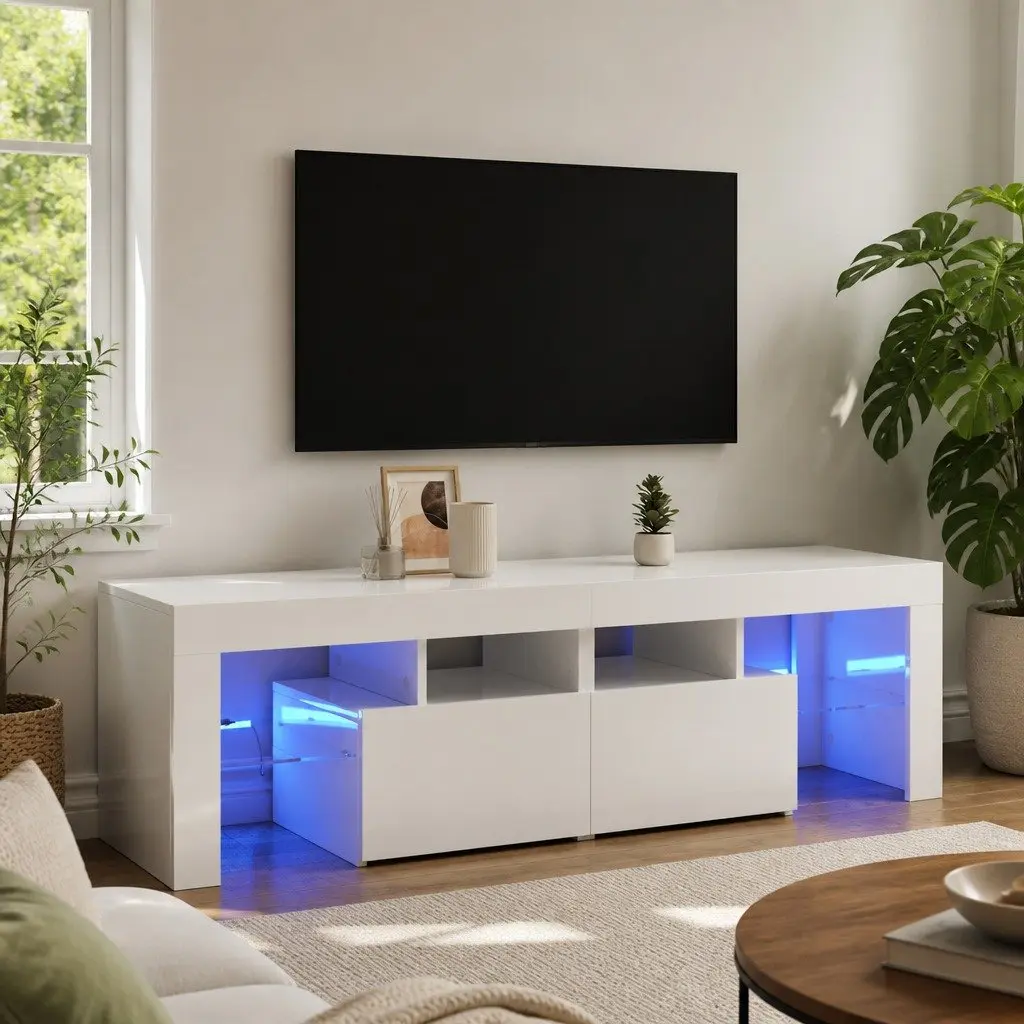TV Cabinet White 140cm RGB LED Lights Modern Storage Unit