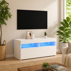 Compact White TV Cabinet with RGB LED Lighting
