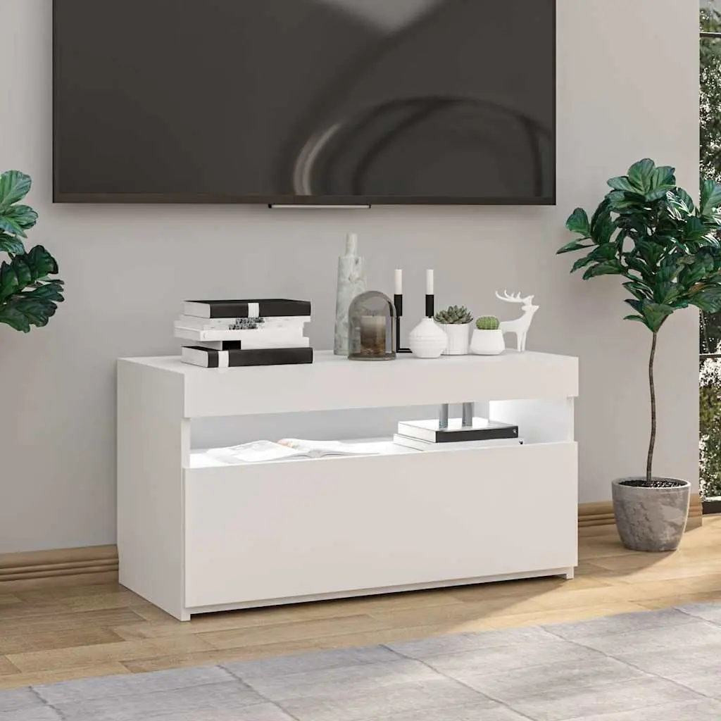 TV Cabinet White 75x35x40cm Modern Media Storage Unit with LED Lights