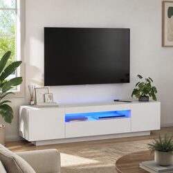 Compact White TV Cabinet with LED Lights and Shelves
