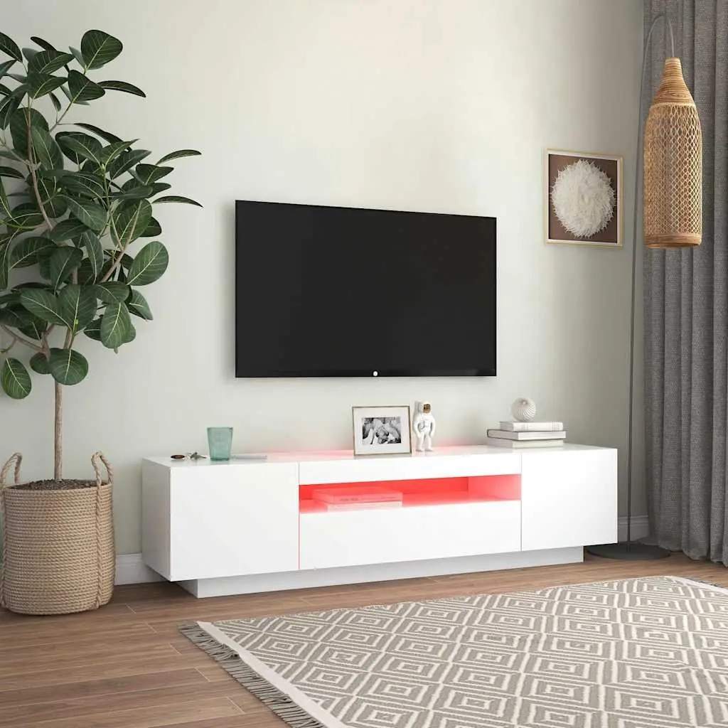 White TV Cabinet with LED Lights and Shelves