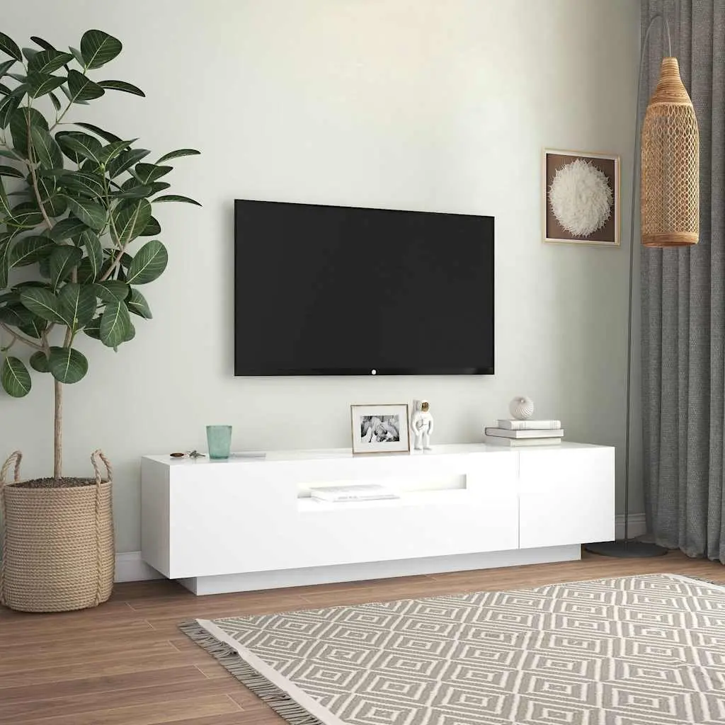 White TV Cabinet with LED Lights and Shelves