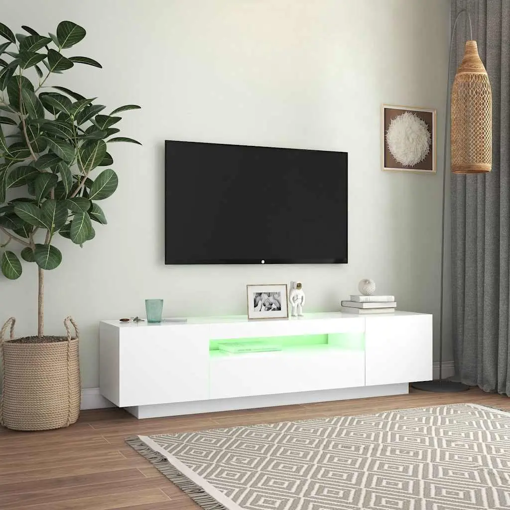 White TV Cabinet with LED Lights and Shelves