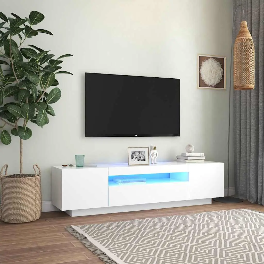 White TV Cabinet with LED Lights and Shelves