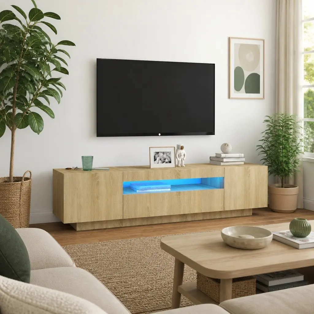 TV Cabinet with RGB LED Lights Media Storage Unit Brown Sonoma Oak Modern