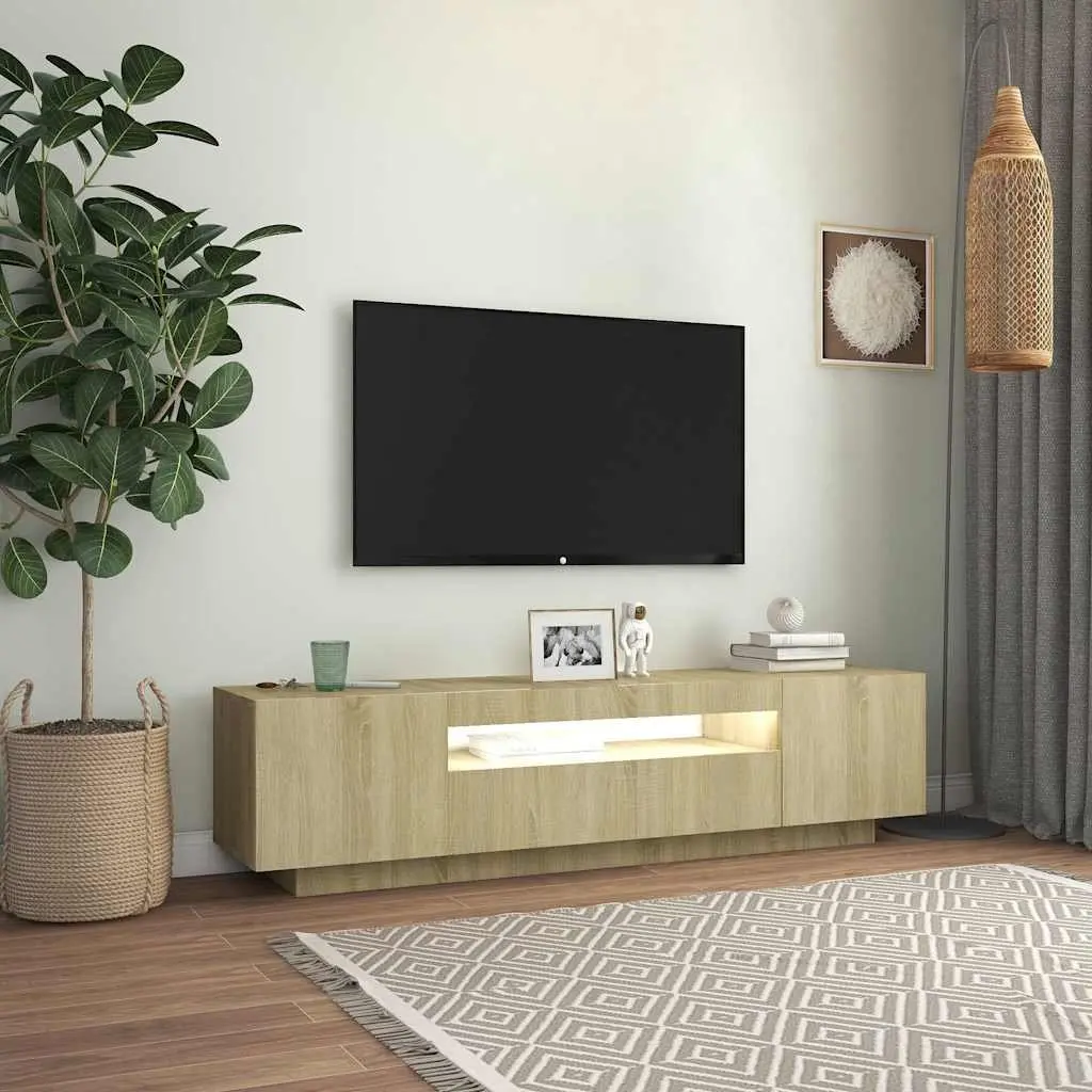 TV Cabinet with RGB LED Lights Media Storage Unit Brown Sonoma Oak Modern