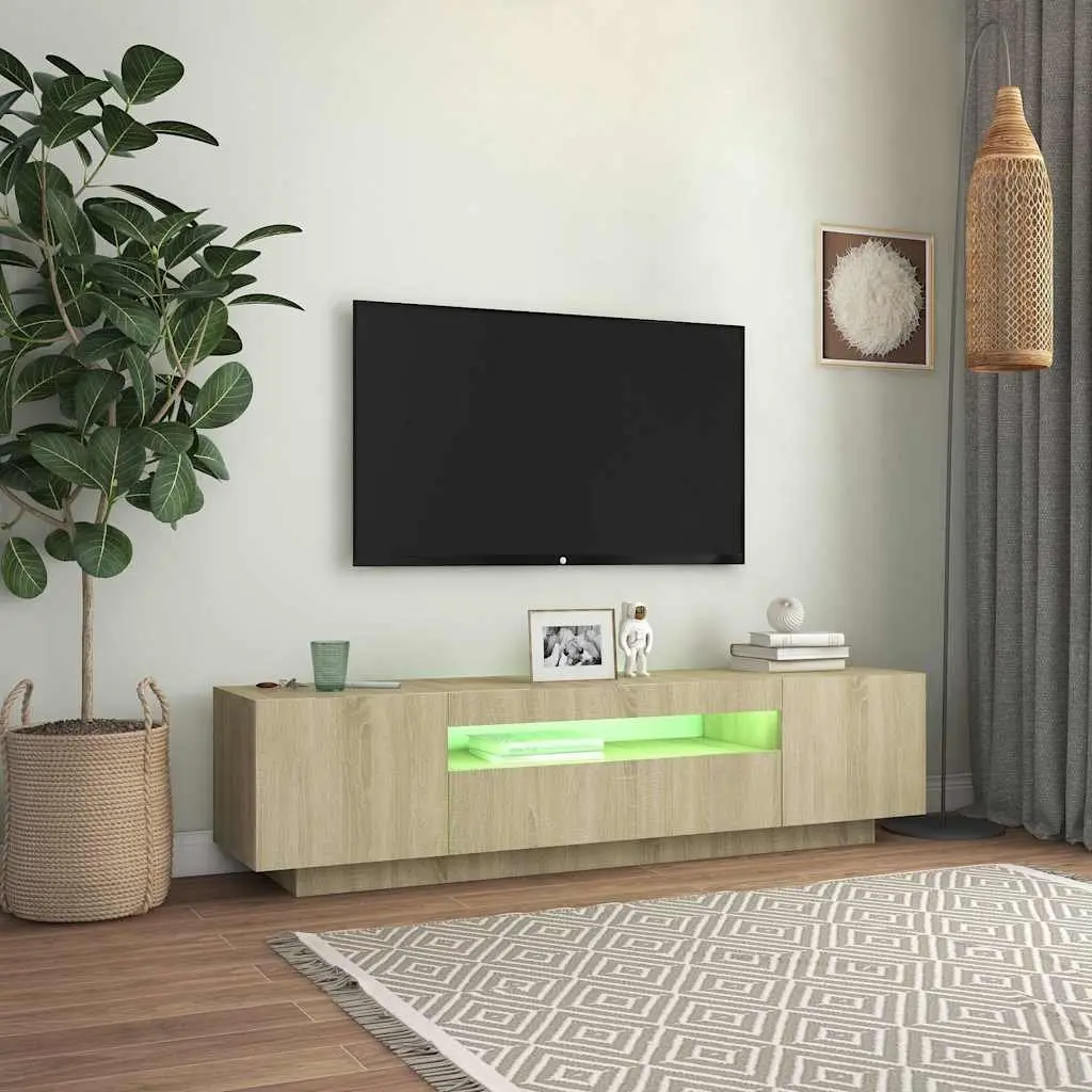 TV Cabinet with RGB LED Lights Media Storage Unit Brown Sonoma Oak Modern