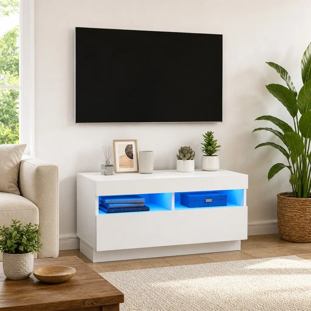 TV Cabinet White 80x35x40cm RGB LED Lights Media Storage Unit