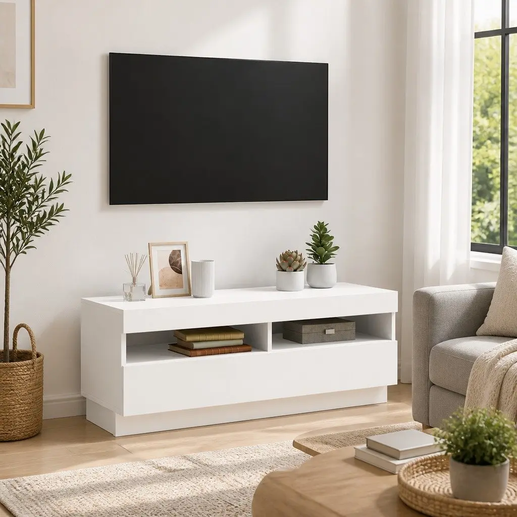 White TV Cabinet with RGB LED Lights Media Storage Unit HiFi Stand 100x35x40cm