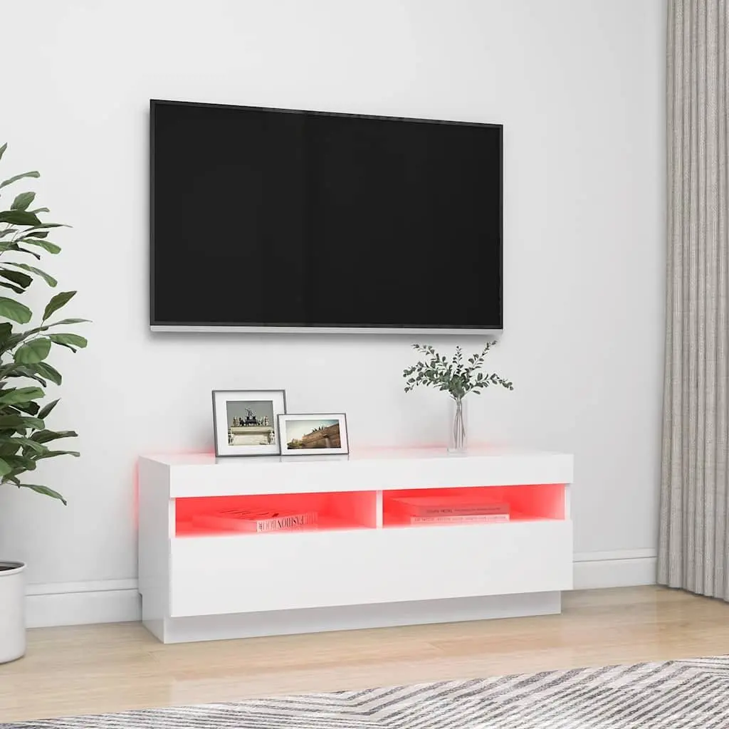 White TV Cabinet with RGB LED Lights Media Storage Unit HiFi Stand 100x35x40cm