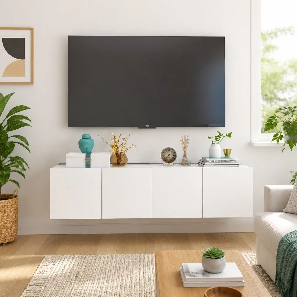 Wall Mounted TV Cabinet White Modern 2 Compartment Storage Shelving