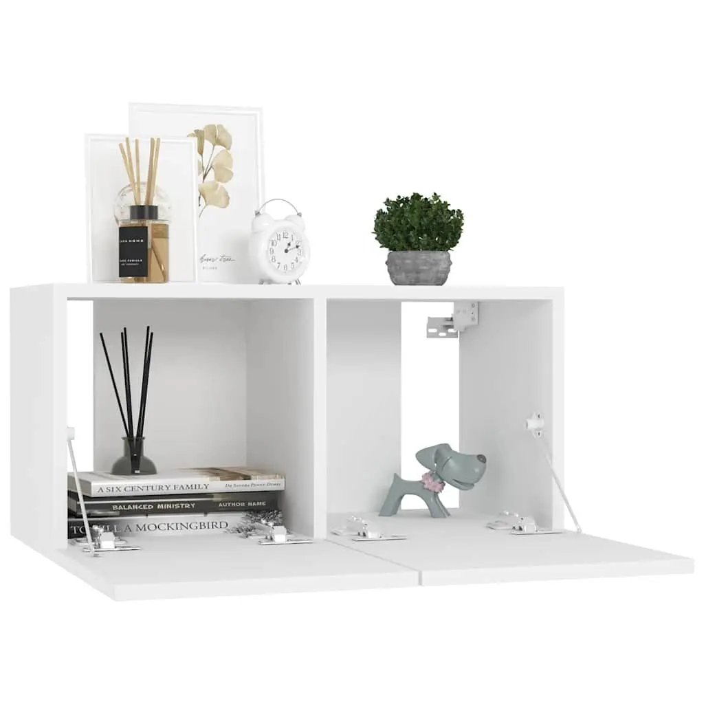 Wall Mounted TV Cabinet White Modern 2 Compartment Storage Shelving