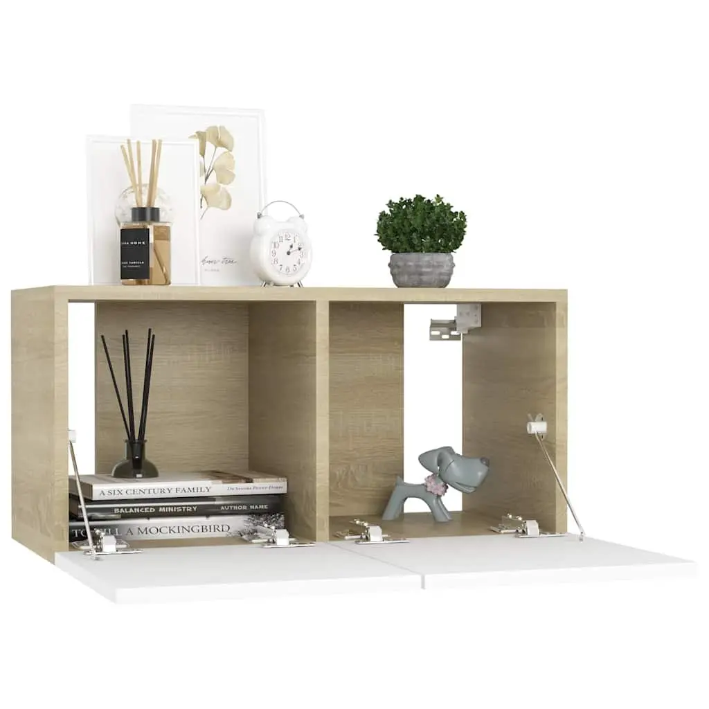 Hanging TV Cabinet White Sonoma Oak Modern Wall Mount Storage Unit 60 x 30 x 30 cm