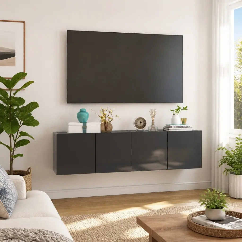 Wall Mounted TV Cabinet Set 2 Piece High Gloss Grey Storage Unit Living Room