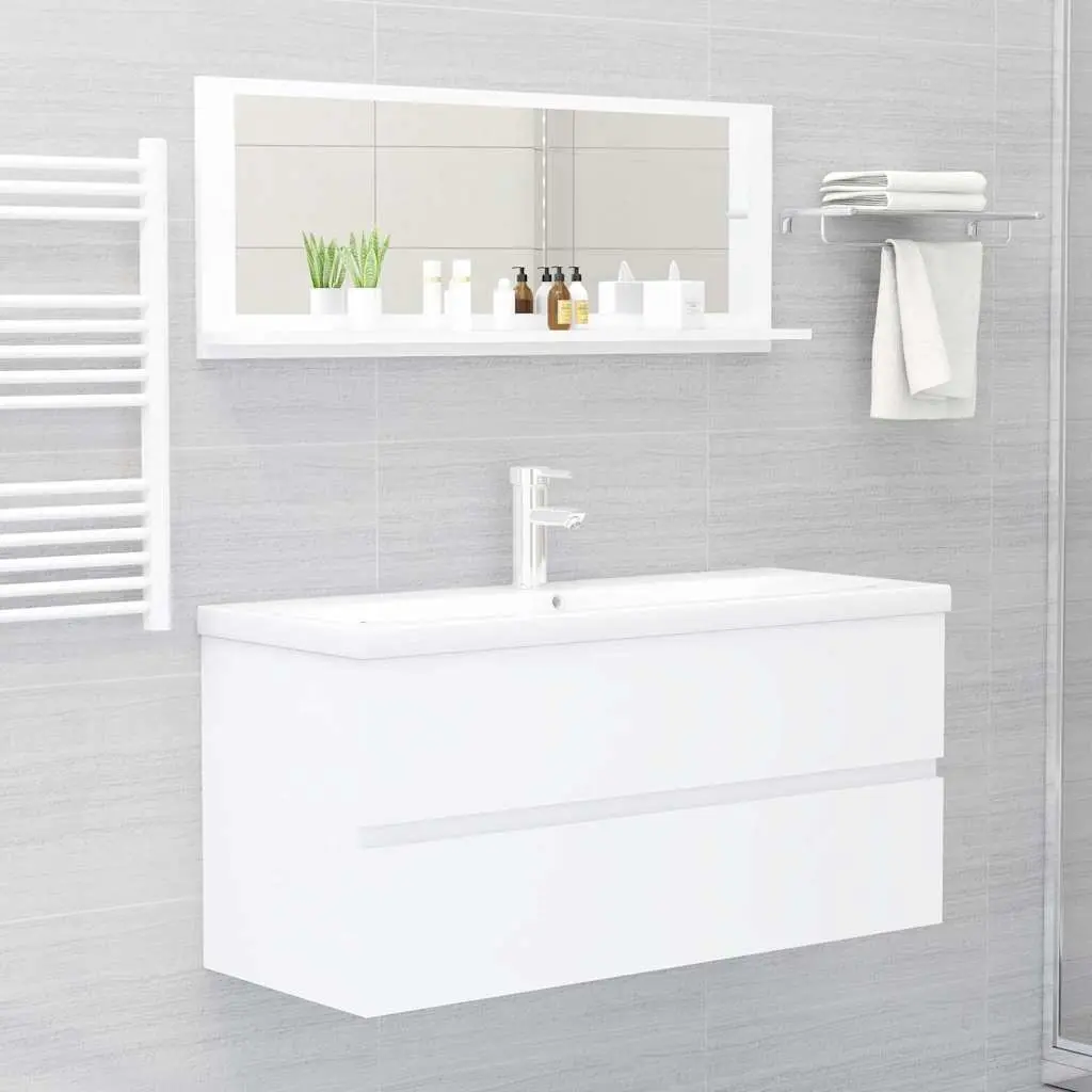 Bathroom Mirror White Wall Mount Engineered Wood Shelf Storage