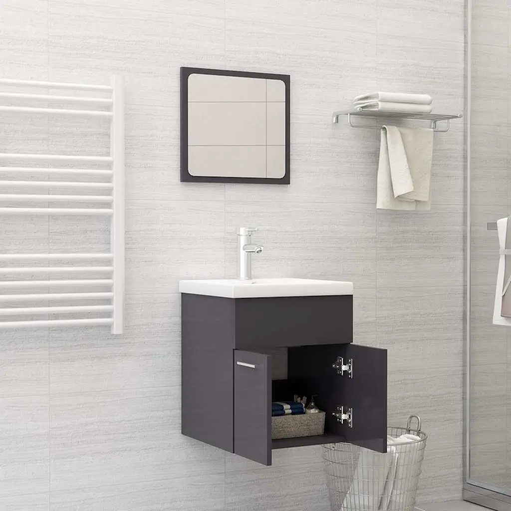 Bathroom Furniture Set Grey 2 Piece High Gloss Cabinet Mirror Engineered Wood
