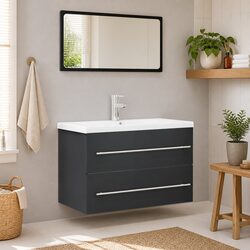 Compact Grey 2 Piece Bathroom Set with Mirror & Cabinet