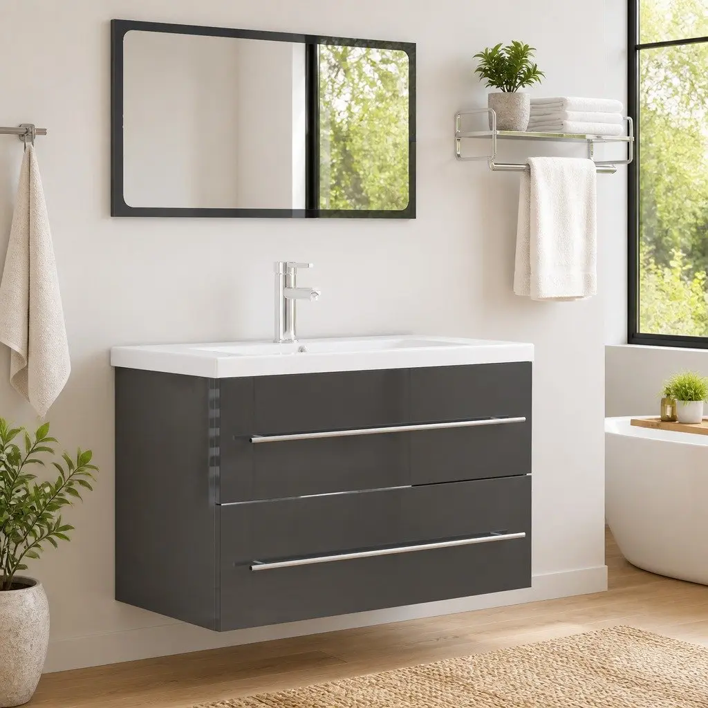 Grey High Gloss Bathroom Furniture Set 2 Piece Engineered Wood Mirror and Cabinet