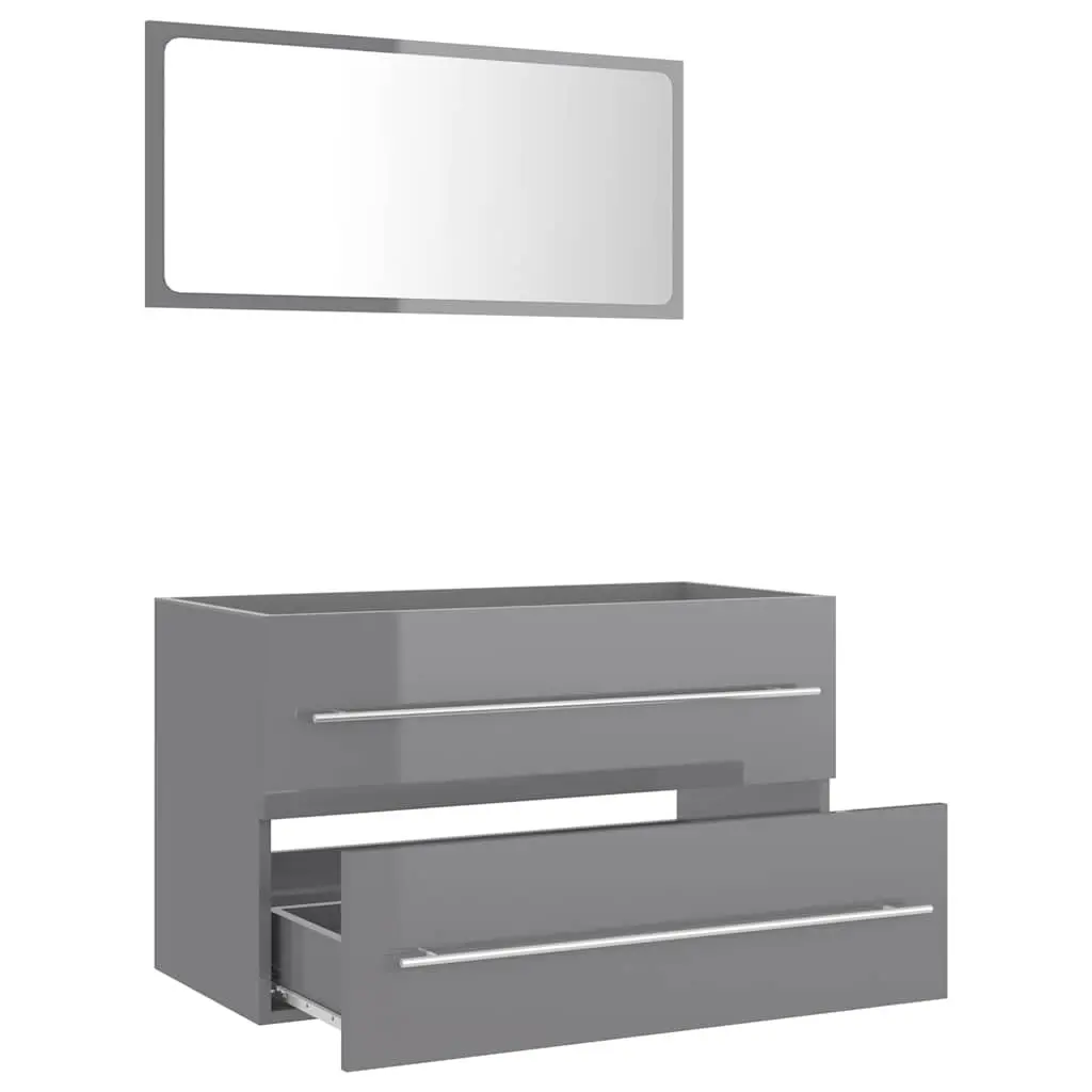 Grey High Gloss Bathroom Furniture Set 2 Piece Engineered Wood Mirror and Cabinet