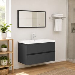 Bathroom Furniture Set Grey 2 Piece Cabinet Mirror Engineered Wood Storage
