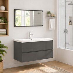Bathroom Furniture Set Grey High Gloss Cabinet Mirror Engineered Wood Storage