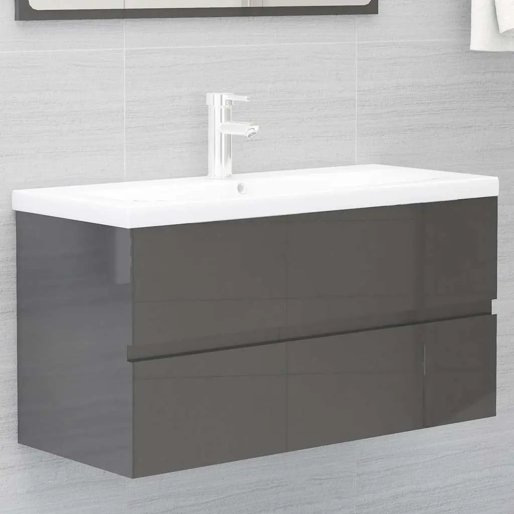Bathroom Furniture Set Grey High Gloss Engineered Wood Cabinet with Mirror