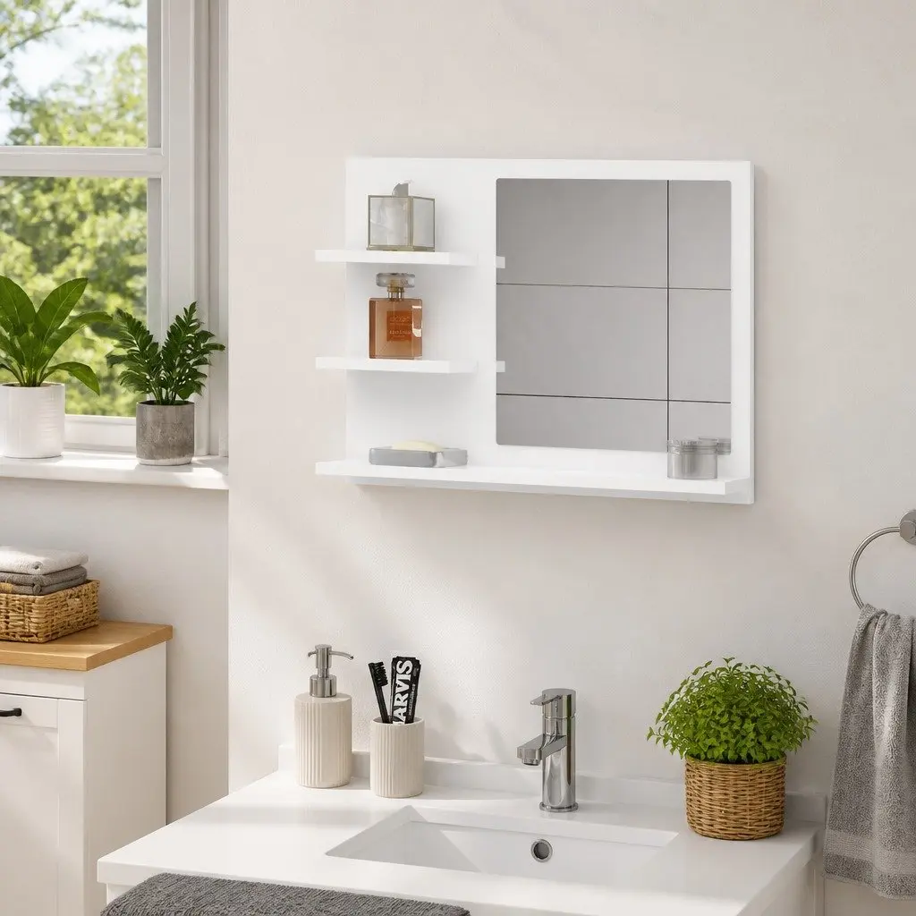 Bathroom Vanity Mirror White 60x10.5x45 cm Wall Mount with 3 Storage Shelves