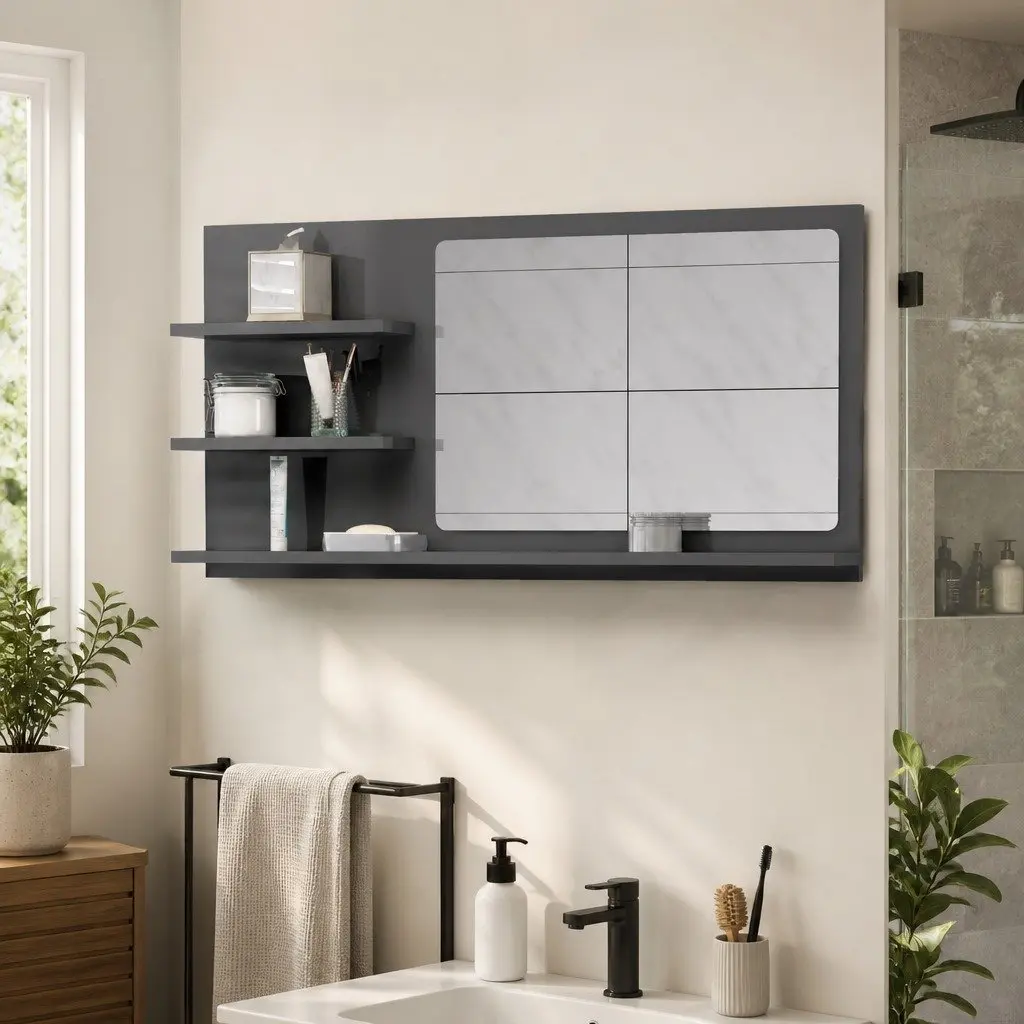 Bathroom Mirror with Storage Shelves Grey High Gloss Wall Mounted Vanity Unit
