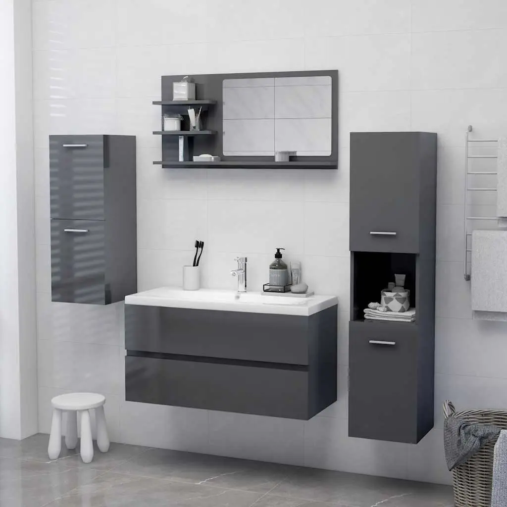Bathroom Mirror with Storage Shelves Grey High Gloss Wall Mounted Vanity Unit