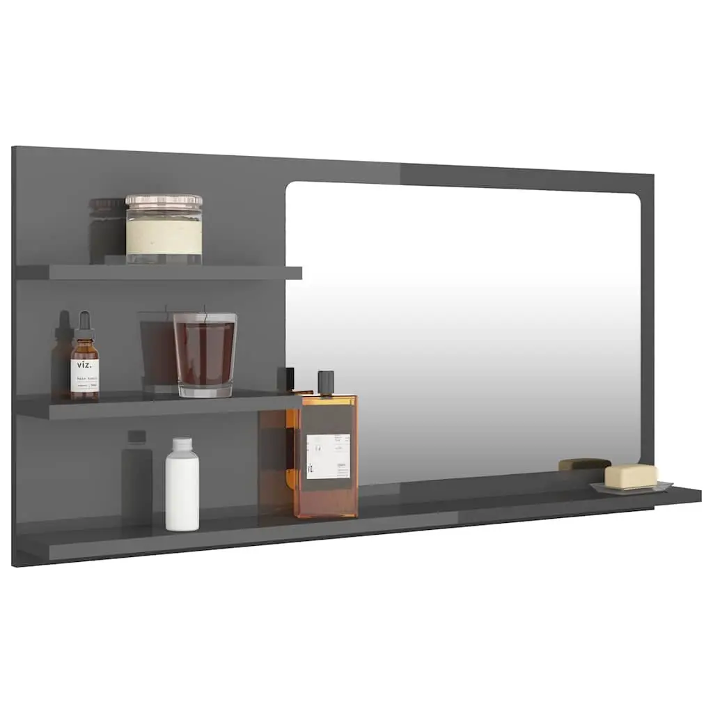 Bathroom Mirror with Storage Shelves Grey High Gloss Wall Mounted Vanity Unit